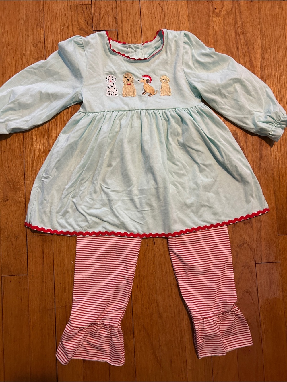 Mint Christmas Puppy Appliqué Tunic with Red-White Striped Leggings Sz. 4t